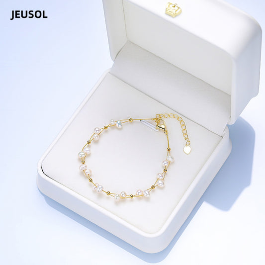 JEUSOL Elegant 14K Gold Pearl Bracelet for Women – Delicate Freshwater Pearls on Adjustable Gold Chain, Ideal for Special Occasions or Everyday Wear