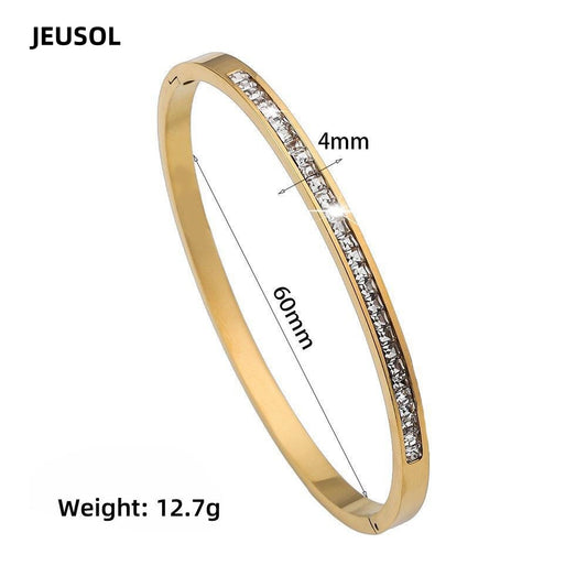 JEUSOL 14K Gold Plated Bangle Bracelet for Women with Crystal Accents – 60mm Diameter, 4mm Width, Lightweight 12.7g Design, Ideal for Elegant Everyday Wear, Formal Events, and Special Occasions