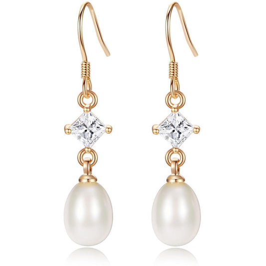 Freshwater Pearl Earrings for Women, 925 Sterling Silver Earrings Pearl Drop Dangle Earrings 18k Gold Plated Earrings for Women Trendy Nickel Free Hypoallergenic Cubic Zirconia Bride Wedding (Rhombus)