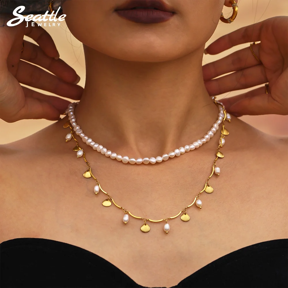 Luxury Stainless Steel Gold-plated 18K Shell Pendant Necklace for Women Natural Freshwater Pearl Necklace Ladies Charm Jewelry