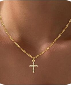 18K Real Gold Plated Stainless Steel Cross Necklace for women girls Non Tarnish Waterproof Easter Christian Faith Jewelry Gifts