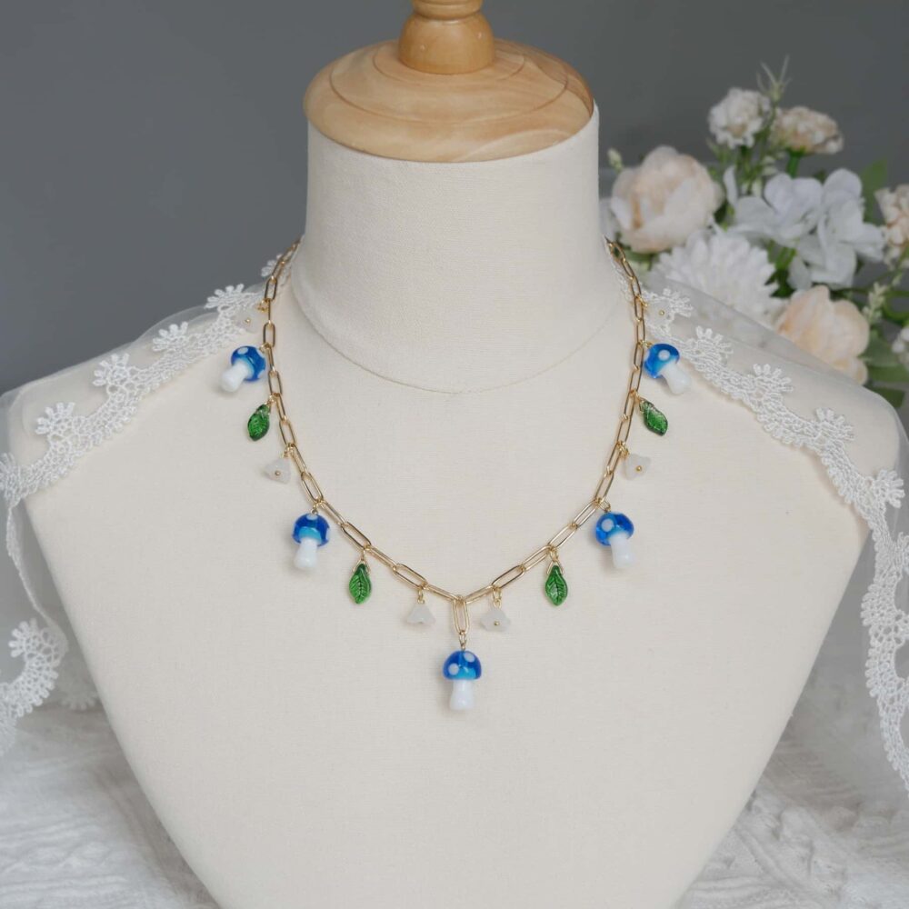 Blue Mushroom Blossom Charm Necklace