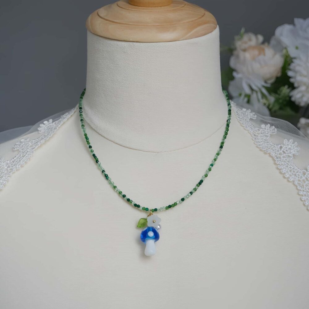 Blue Mushroom Blossom Charm Necklace