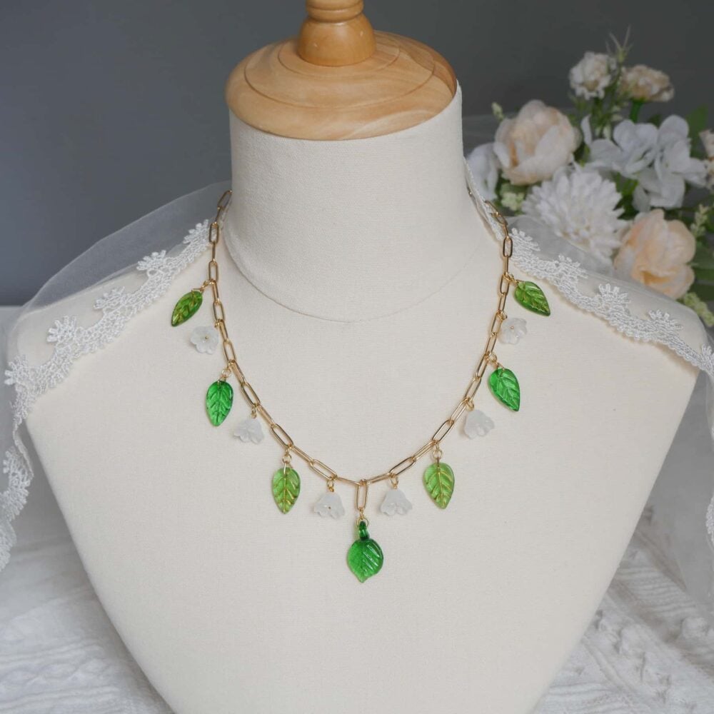 Green Leaf Blossom Charm Necklace
