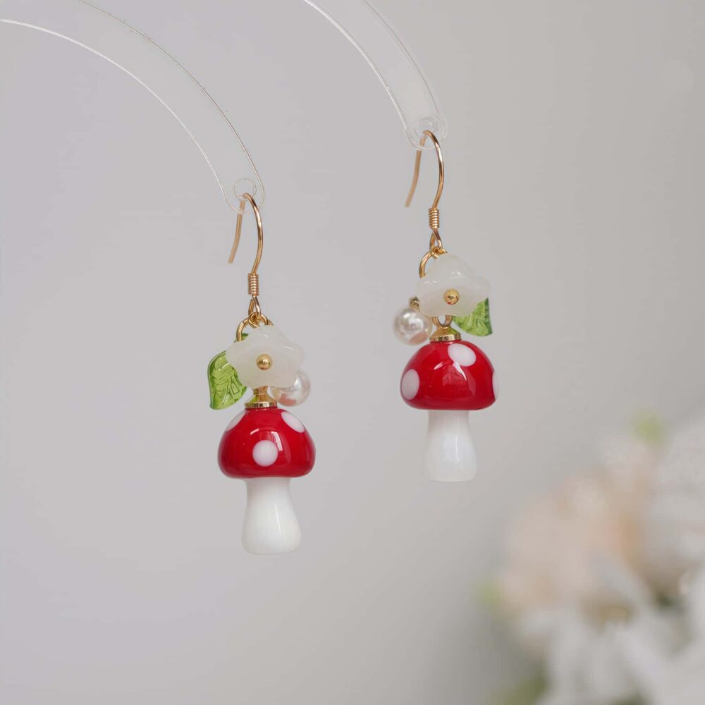 Red Mushroom Blossom Drop Earrings