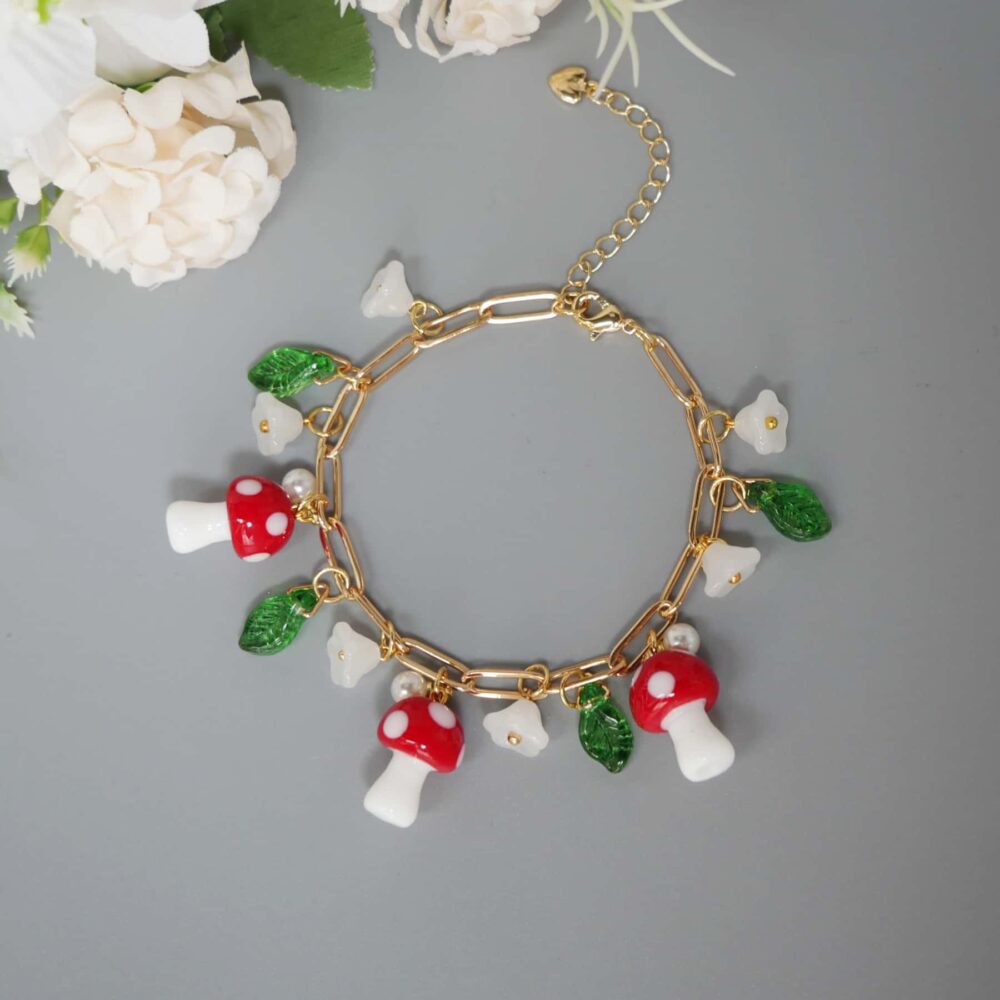 Red Mushroom Blossom Charm Bracelet